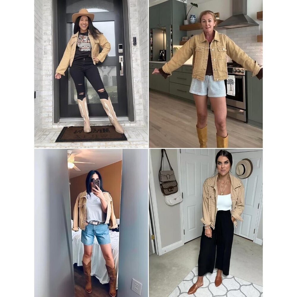 Women's Khaki Studded Cropped Jean Jacket Western Distressed Denim Coat Outdoor - Picture 5 of 6